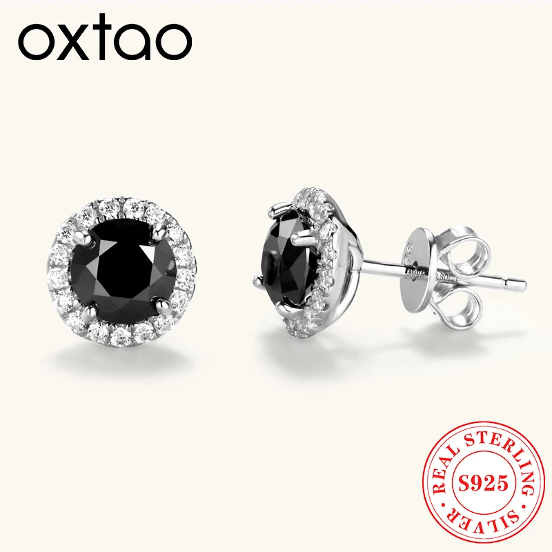 

OXTAO VVS1 6 мм черные муассанитовые круглые серьги-гвоздики с ореолом для женщин GRA сертифицированные серебро 925 пробы серьги для пирсинга роскошные ювелирные изделия Gif