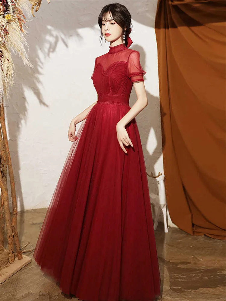 

Elegant Wine Red Dress Women's Clothing Solid Color Stitching Lace Half High Neck Long A-line Skirt Temperament Evening Gown 379