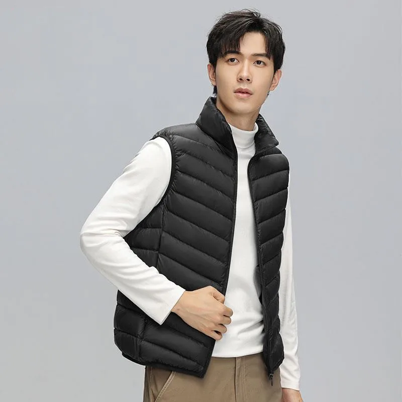 Men Vest Down Coats Solid Down Vests Stand Collar Zipper Cardigan Spliced Loose Fit Slight Strech Autumn Winter Casual Pockets