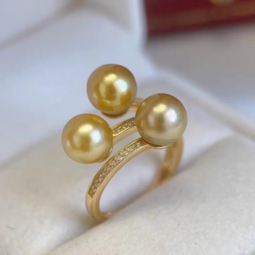 

Charming Stunning South Sea Gold Round Pearl Ring & 3 Pcs Pearls & Size 5-10 AAAA