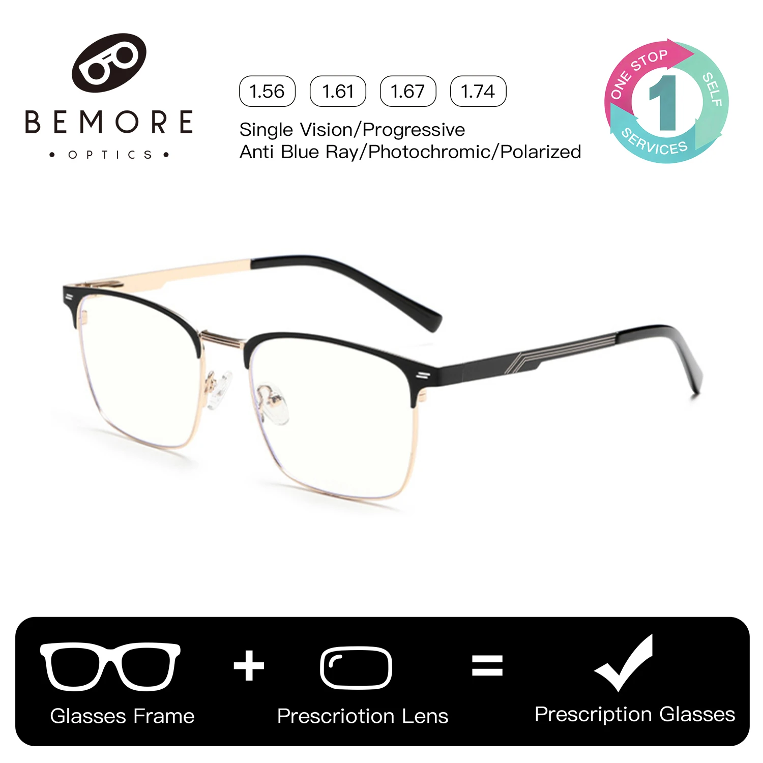 

BEMORE Square Alloy Clip on Prescription Glasses Men Polarized UV400 Magnetic Sun Myopia Degree Optical Graduated Eyeglasses