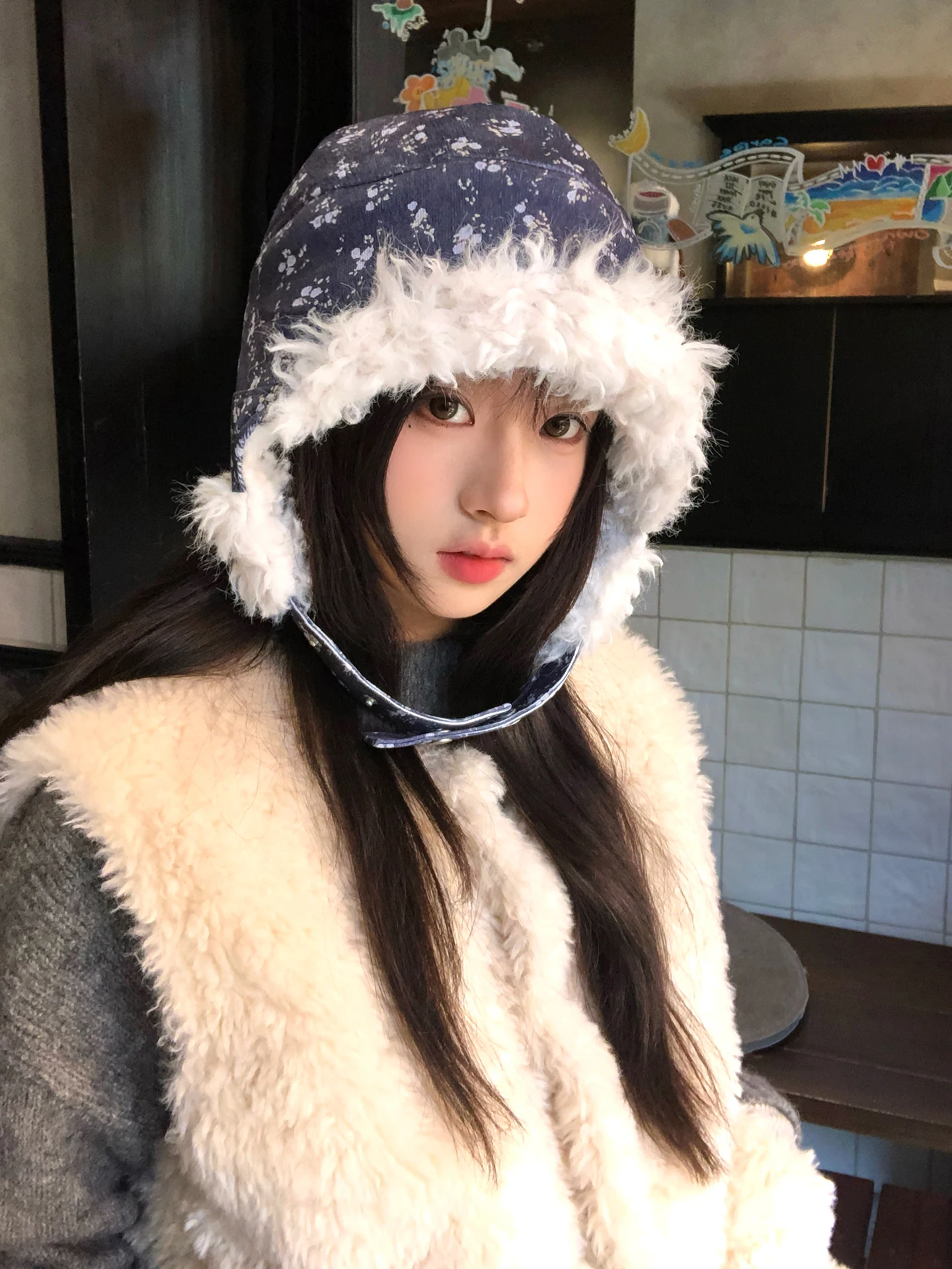 Korean Style Floral Lei Feng Cap Women's Winter Thickened Warm Ear Protection Hat Cycling Fleece Windproof Flying Cap
