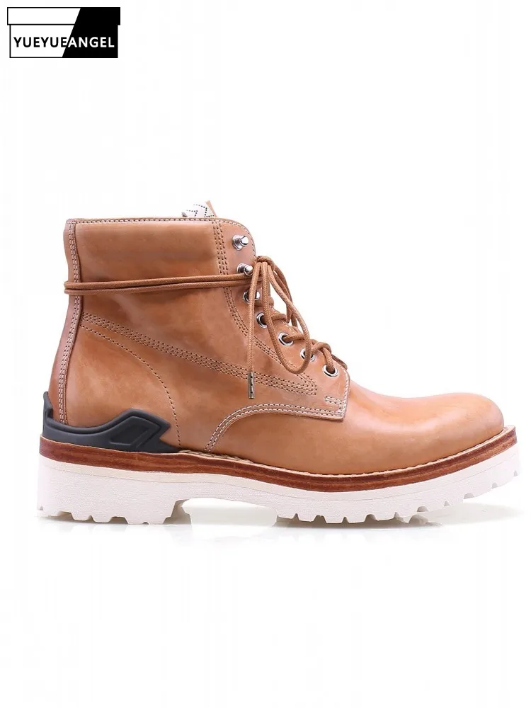 

Luxury Handmade Horse Oil Leather Men Ankle Boots Casual Thick Platform Lace-Up High Top Shoes Autumn Cowhide Lining Footwear