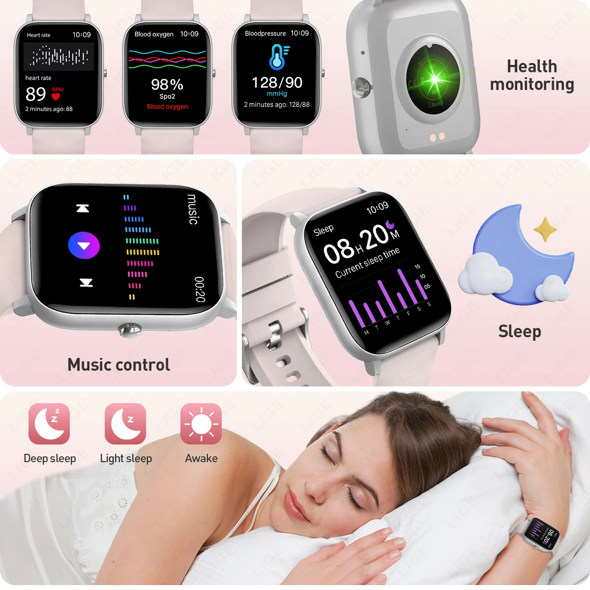 LIGE 1.85 "Full Touch Screen สมาร์ทนาฬิกาผู้หญิงไร้สายโทรผู้ชายผู้หญิงสร้อยข้อมือนาฬิกาที่กําหนดเอง Face Health Monitor สมาร์ทนาฬิกา