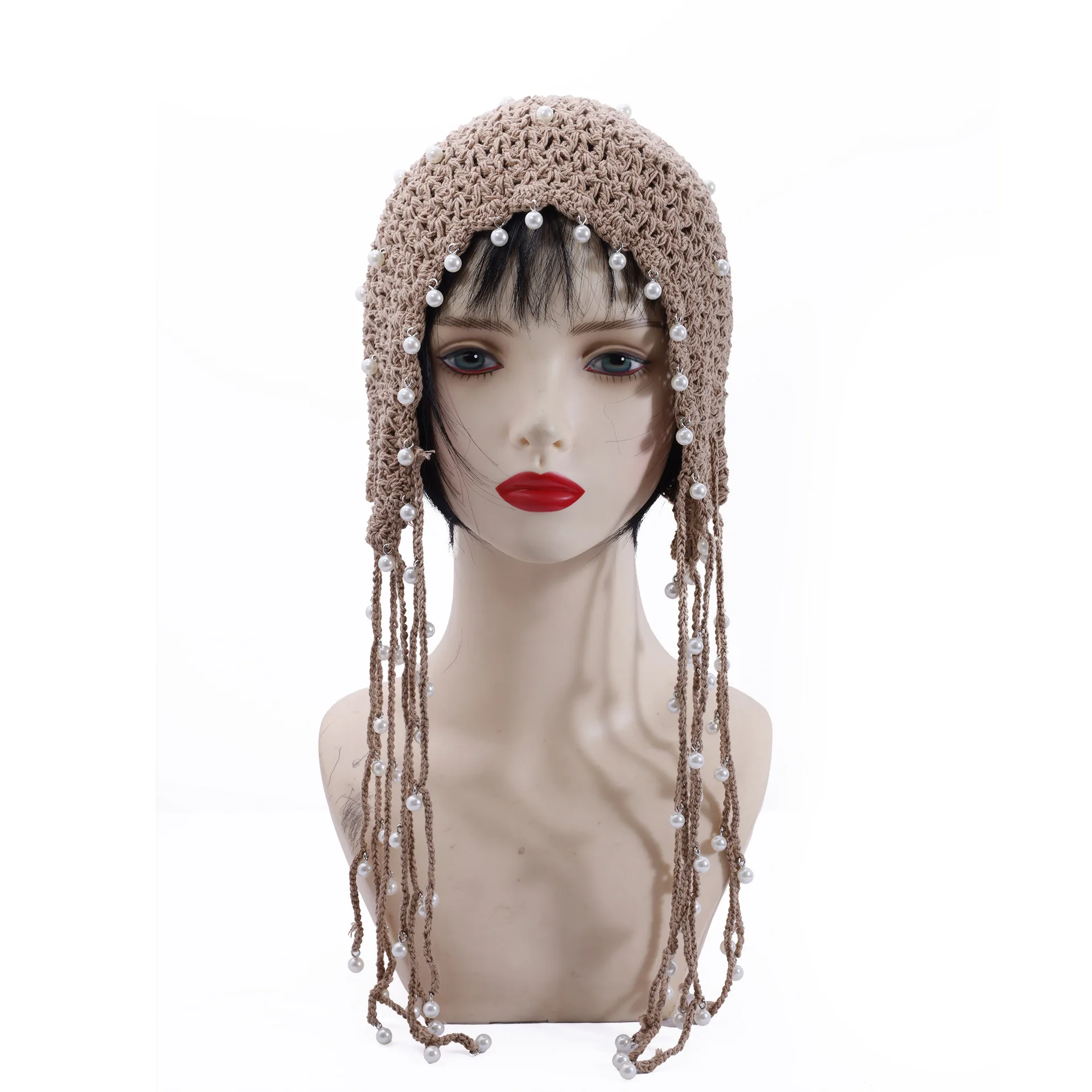 

Кружевная вязаная шапка для женщин - богемный головной убор ручной работы с жемчужной бахромой | Шапка-бини для маскировки седых/белых волос