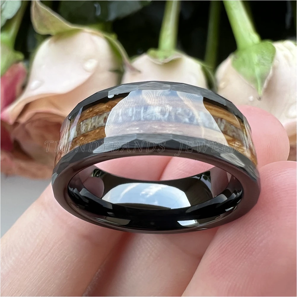 8mm Hammered Fashion Ring for Men Women Tungsten Carbide Engagement Jewelry Wedding Band Whisky Barrel Wood Inlay Brushed Shiny – Detail 11