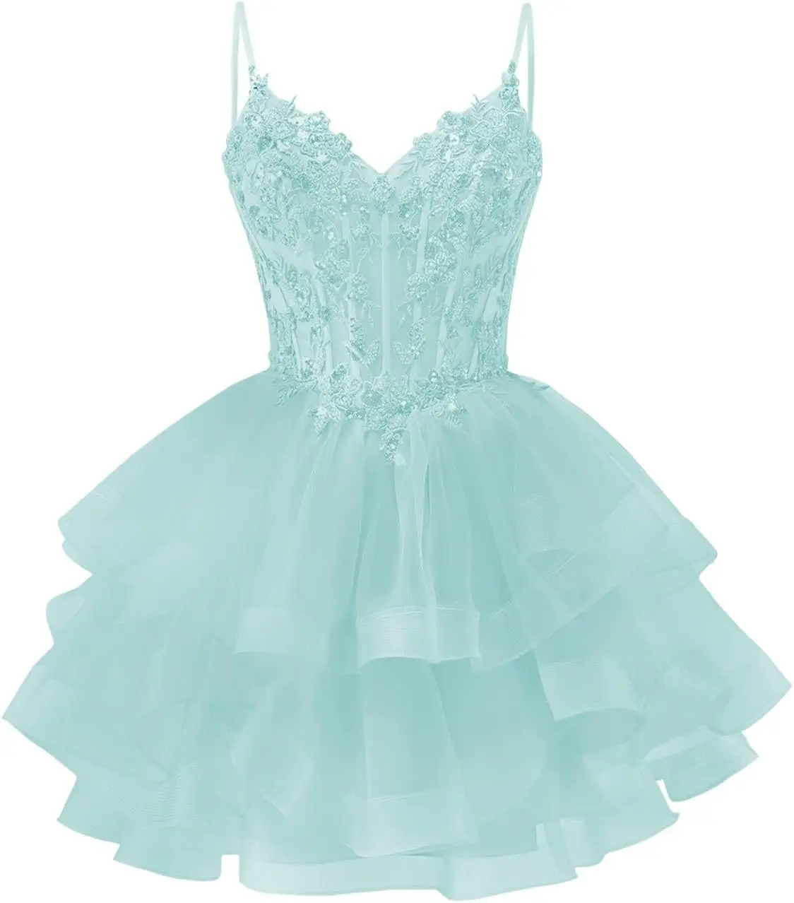 

Lace Applique Tulle Homecoming Dresses for Teens Spaghetti Straps Short Puffy Tiered Quinceanera Prom Dresses Graduation Dress