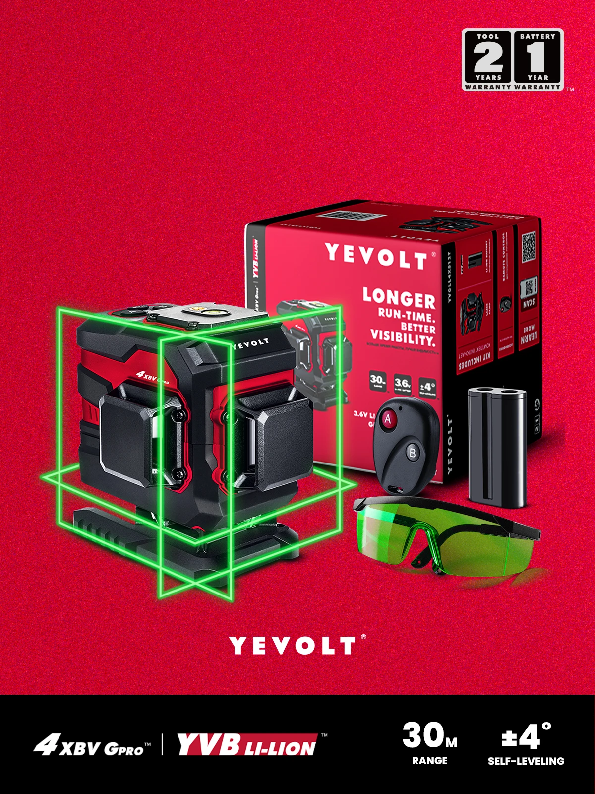 

YEVOLT YVGLL4XS12T-G 3-Plane Laser Level 3D 12-Line Green Beam Ground Line Self-Leveling 360 Measuring Tools Enhancement Glasses