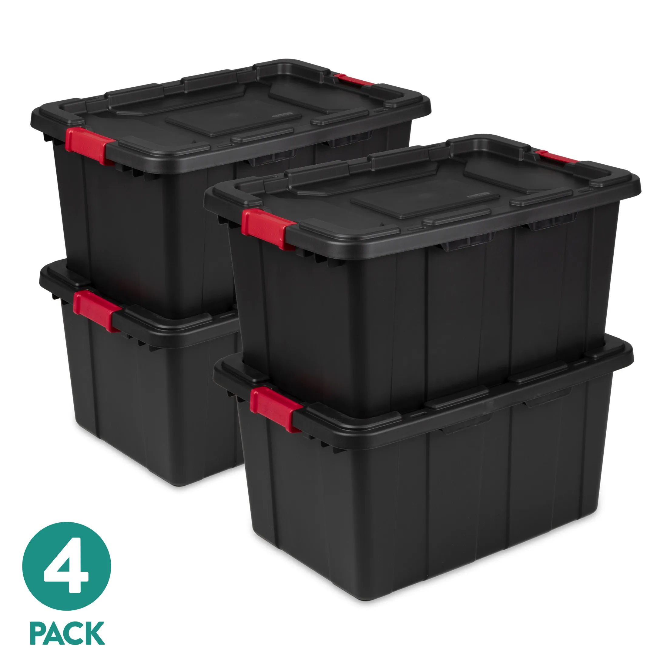 

Large Industrial Storage Bin, 27 Gallon Durable Plastic Storage Tote with Latching Lid and Integrated Handles, Black, 4 Pack