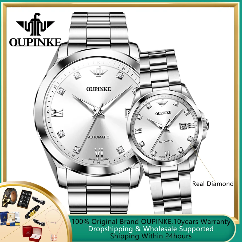 OUPINKE-Relógio Mecânico Totalmente Automático para Homens e Mulheres, Diamante Real, Movimento Suíço Original, High End, Relógio Casal de Amantes