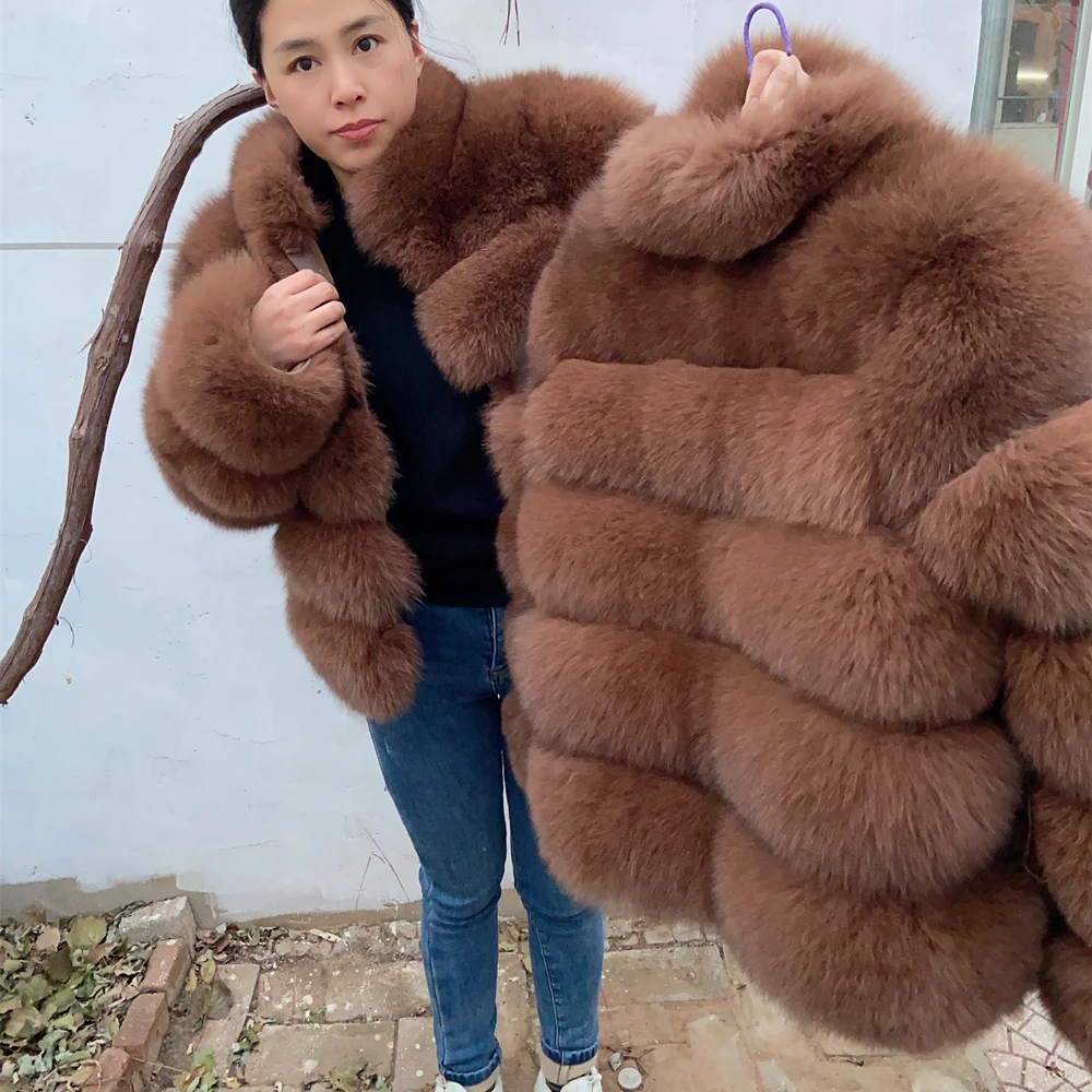 QUEENTINA Natural Real Fox Fur Coat para mulheres, jaqueta quente, casaco genuíno, roupas de grife de luxo com camadas, conjuntos pretos, moda, inverno, novo