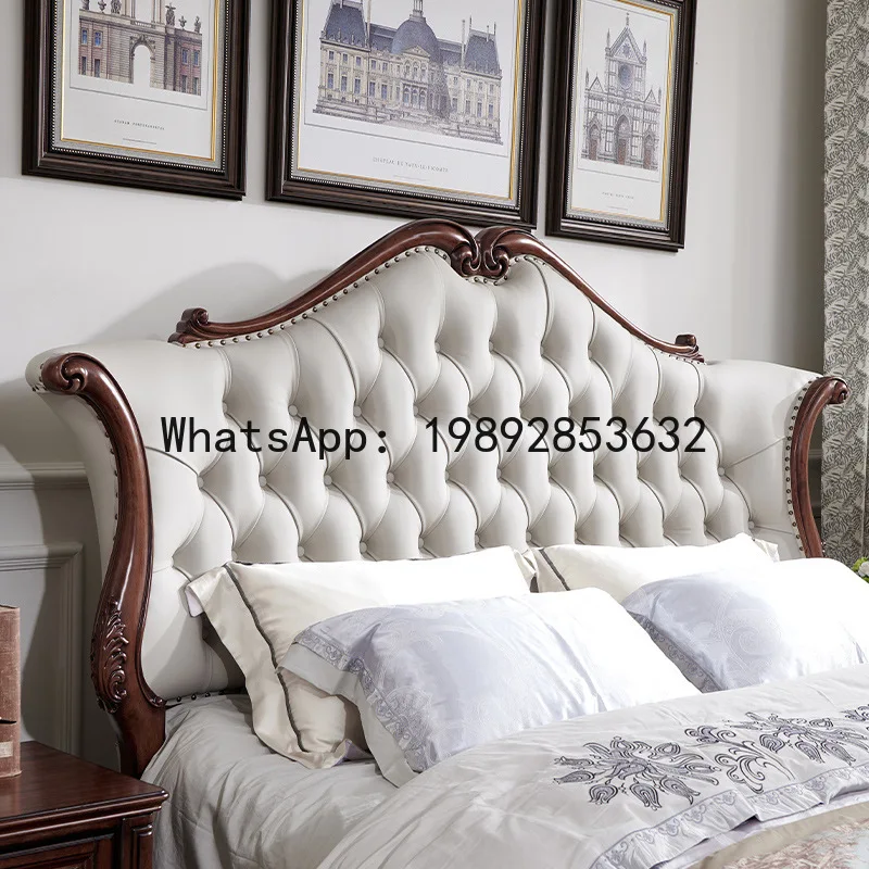 LYY Peach Core Wood American Style Upholstered Bed 1.8m Full Solid Wood Master Bedroom Double Wedding Bed High Back Leather Art
