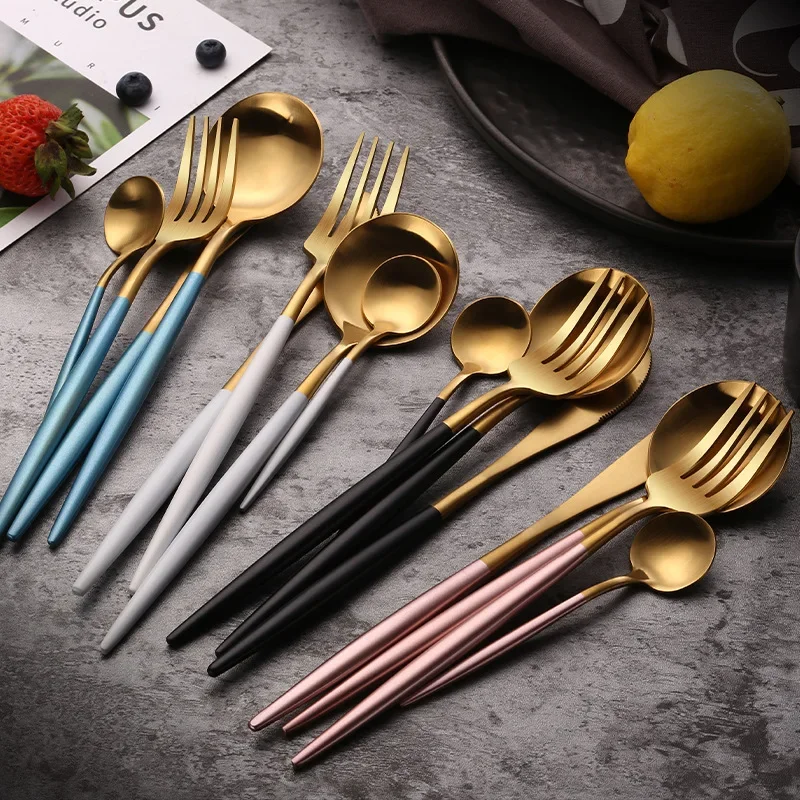 24Pcs Matte Gold Cutlery Set 18/10 Stainless Steel Luxury Round Handle Dinnerware Steak Knife Fork Spoon Kitchen Food Tableware