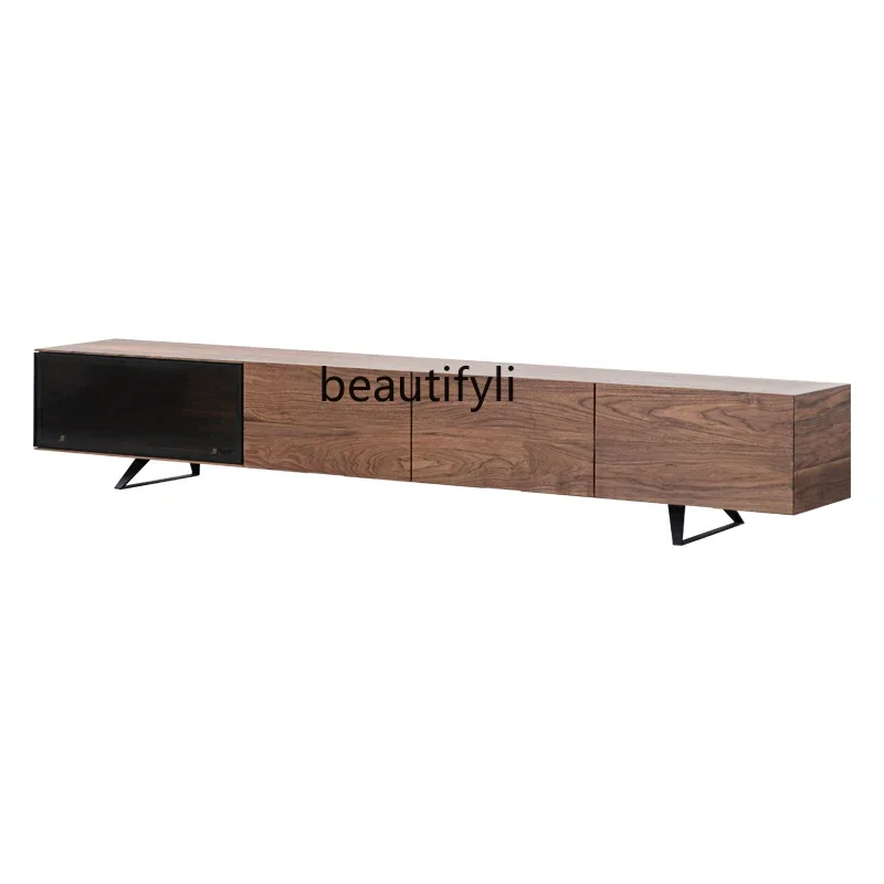 

02Nordic black walnut solid wood TV cabinet Italian minimalist log audio-visual cabinet Metal foot floor cabinet