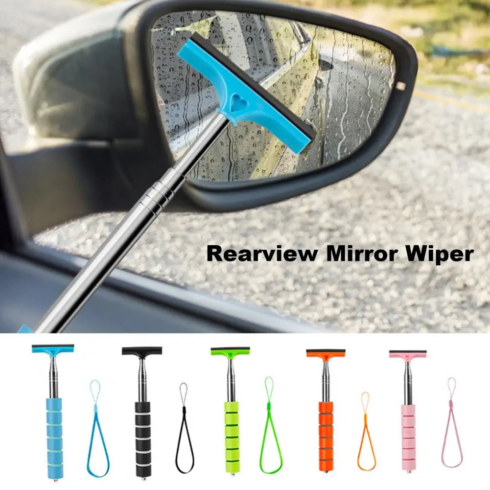 Car Rearview Mirror Wiper with Telescopic Long Rod Retractable Auto Glass Squeegee Automotive Portable Cleaning Tool