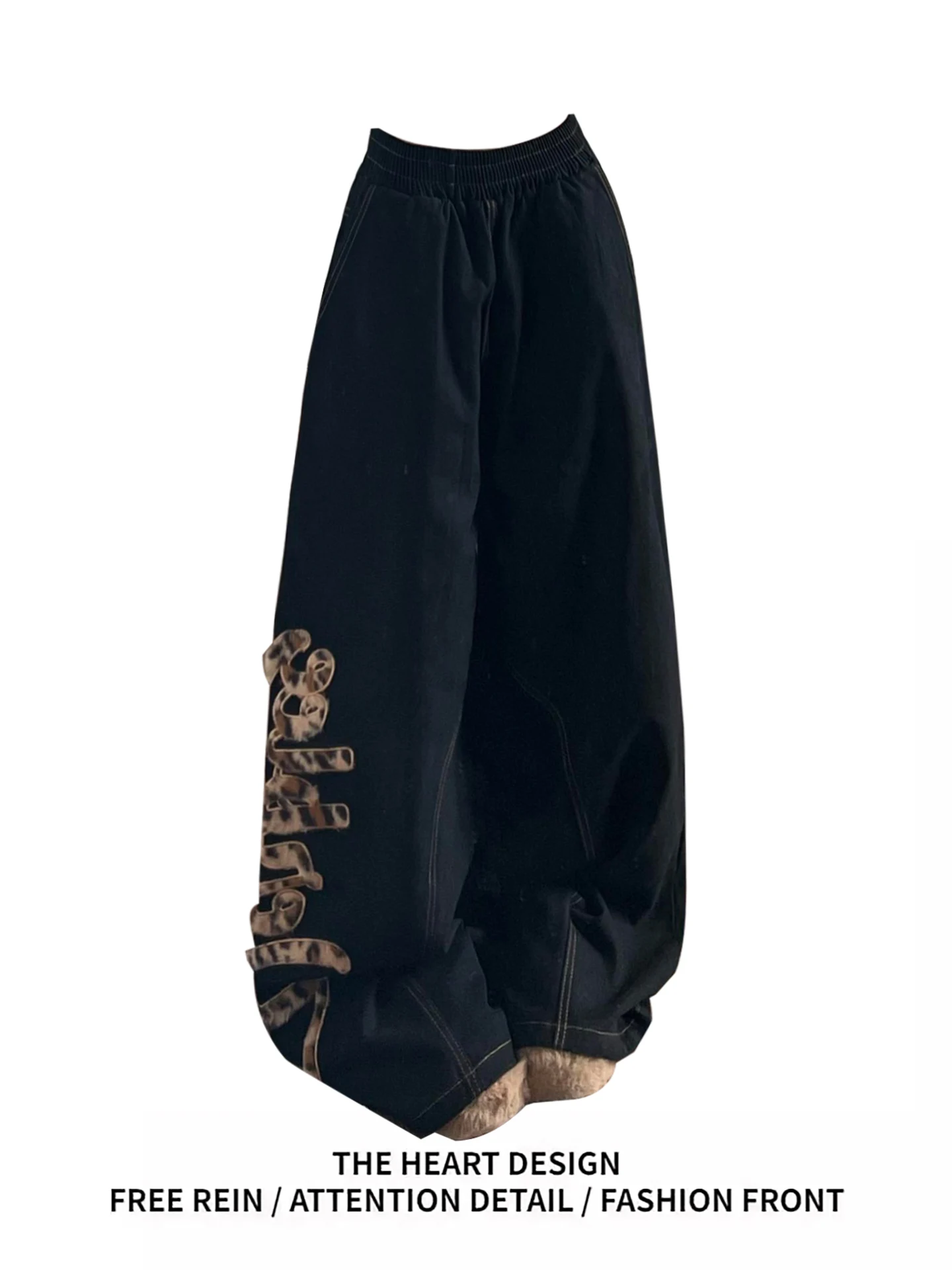 

Retro American Spotted Leopard Print Patchwork Loose Wide Leg Casual Jeans Women's Autumn Winter New Design Feel l Waist