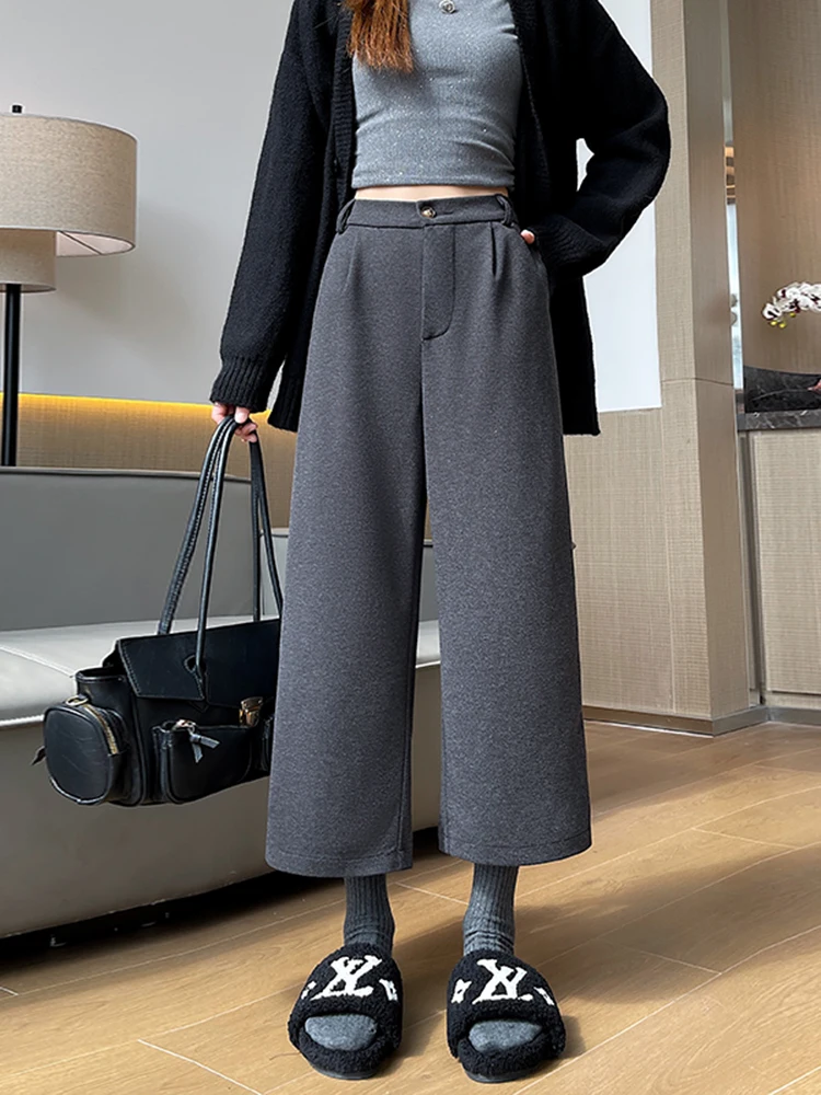 Hoge taille rechte pijp wollen casual broek dames herfst winter mode afslankende wijde pijpen broek (7 voet)