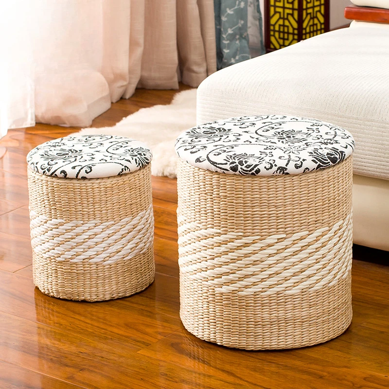 Multi-Functional Straw Storage Ottoman - Space-Saving Footstool with Cover, Home Organizer, Sofa Seat, Living Room Décor