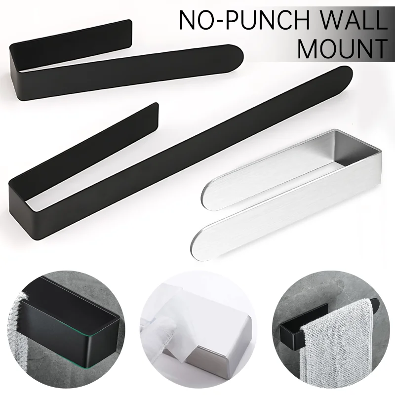 Self-Adhesive Towel Holder Black Stainless Towel Holder Wall Mounted Hand Towel Holder Porte Serviette Bathroom Accessories