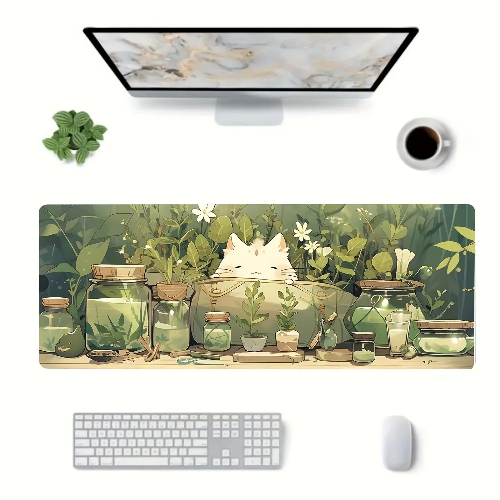 Adorable Kawaii White Anime Green Plant Leaves XL Desk Mat, Non-Slip Extended Gaming Mouse Pad for Women Office Decor