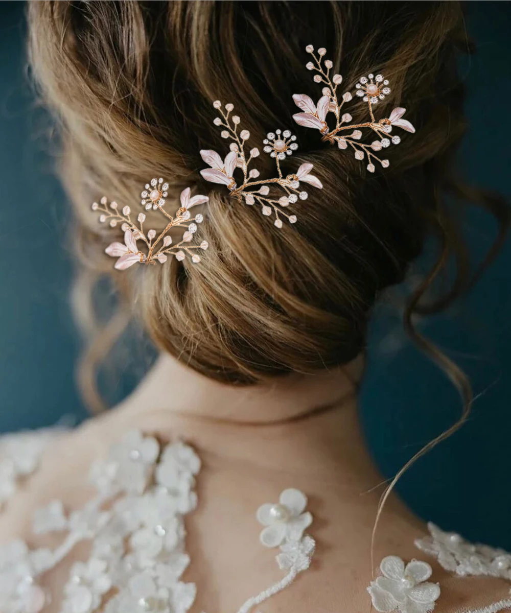 ชุดเครื่องประดับ Rose Gold U Hairpins & สีชมพู Headdress เจ้าสาวคริสตัลตกแต่งผมสำหรับเจ้าสาวผม pin