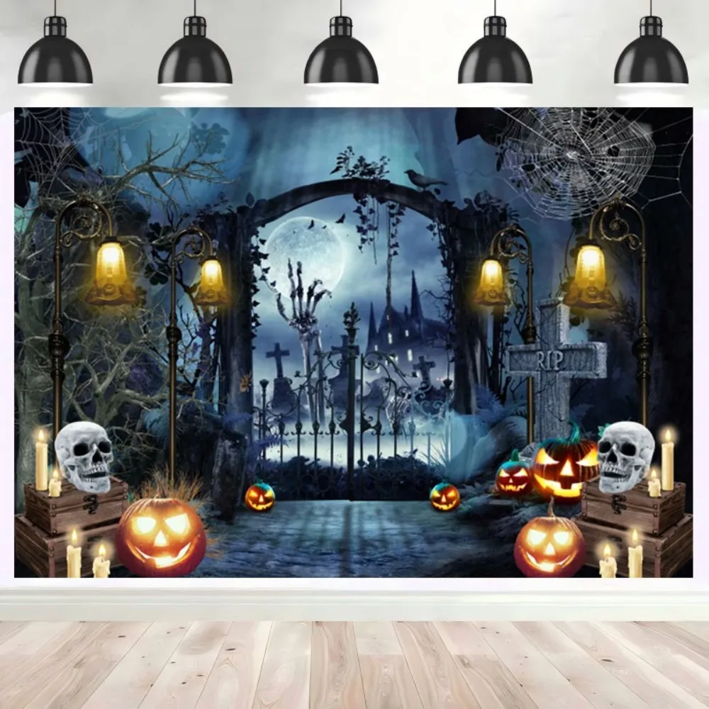 Halloween Party Hintergrund Horror Nacht Mond Gruseliger Wald Schloss Kürbis Friedhof Schädel Halloween Dekor Banner Foto Hintergrund