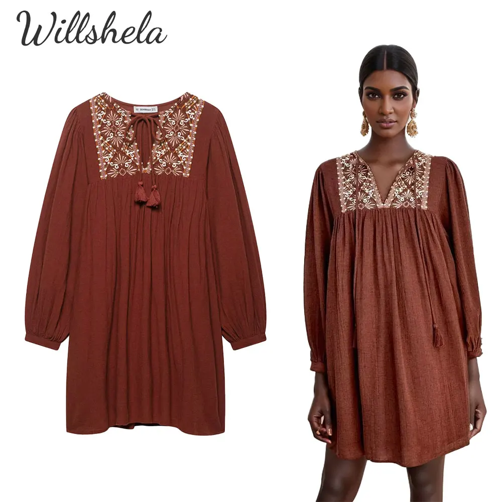 

Willshela Women Fashion Summer Embroidery Cotton linen Mini Dress V-Neck Long Sleeves Female Chic Lady Casual Short Vestidos