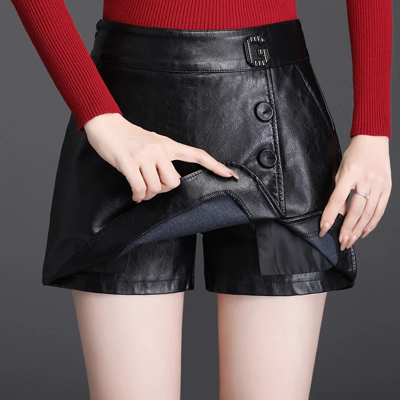 ZUZK Pu Leather Shorts Skirts For Women Fashion Sexy Pencil Mini Short Skirts  Black Button Shorts Female