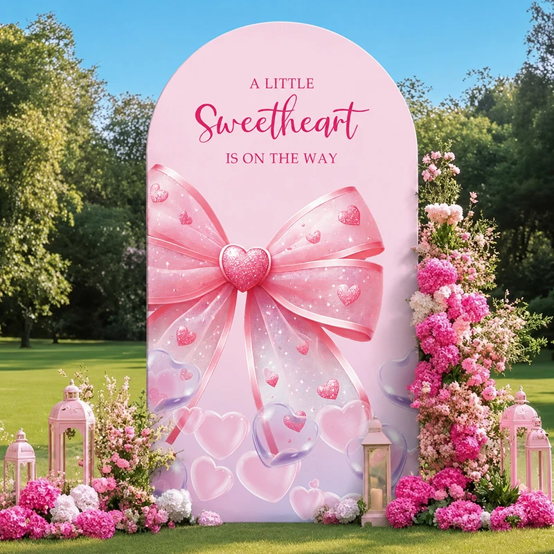 

Pink Bow Heart Arch Backdrop Cover A Little Sweetheart Baby Shower Girl Gender Reveal Birthday Party Decoation Photo Booth Prop