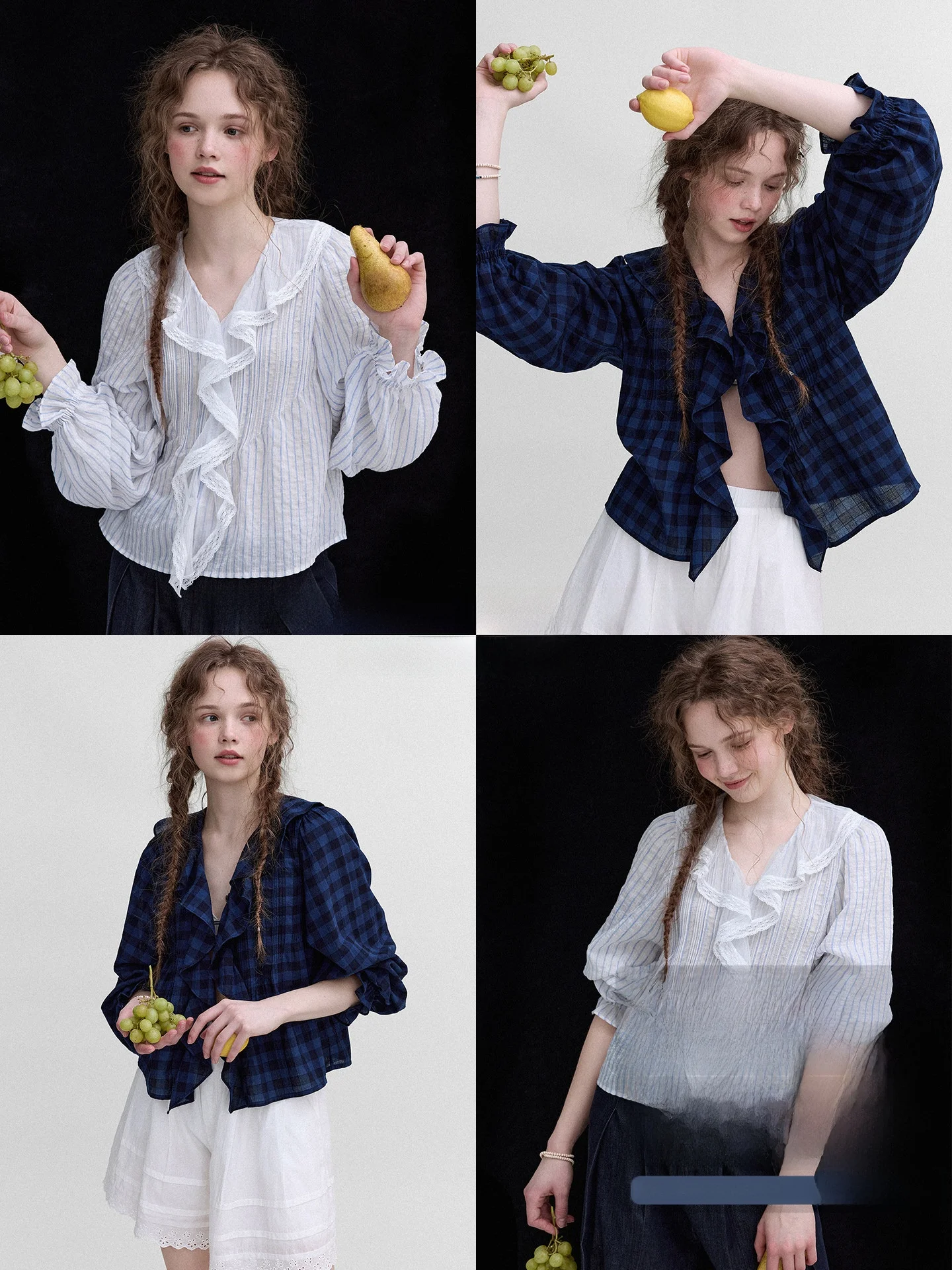 

Romantic Lace Trimmed Plaid Shirt Women's Vintage Patchwork Stripe Pattern Cotton Long Sleeve Button up Casual Office Wear