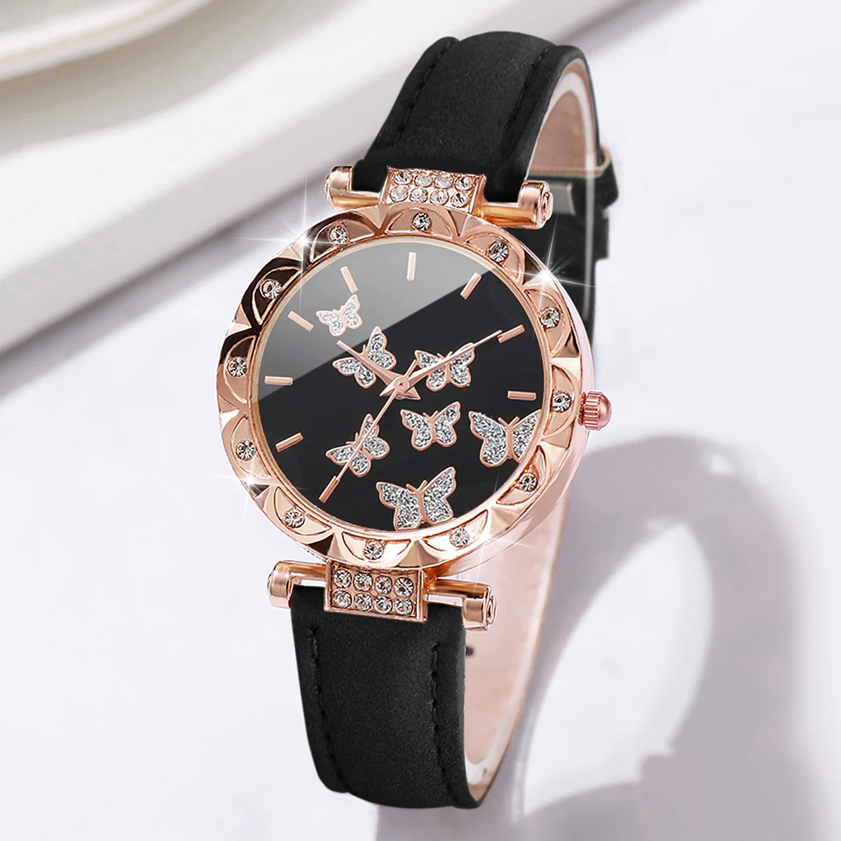 6PCS/Set Fashion Butterfly Dial Women\'s Quartz Watch Casual Leather Band Wristwatches Rhinestone Jewelry Set（Without Box）