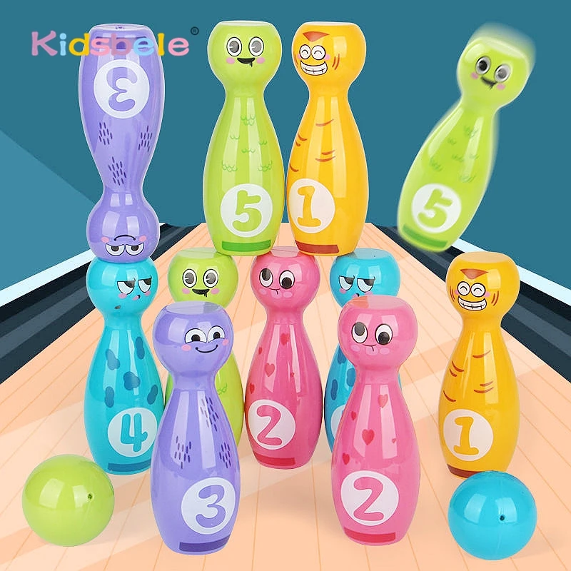 Cartoon bowlingset voor kinderen Leuke emoji's bowlingpinnen met 5-nummers Peuters Interactief binnensportspeelgoed Familie gazon Tuinspel