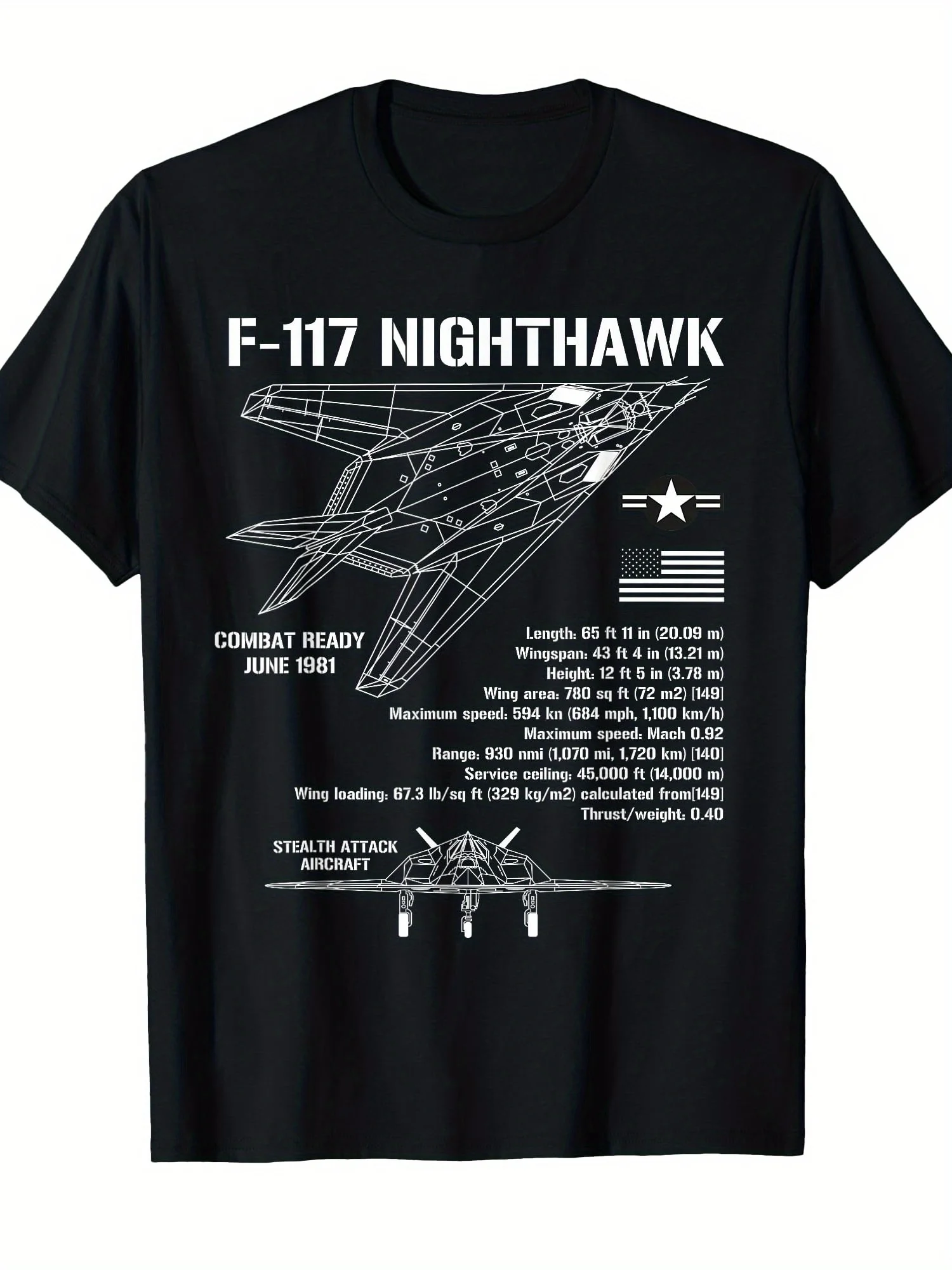 Men's F-117 Nighthawk Stealth Fighter Jet T-Shirt Military Aircraft Graphic with Flight Specs Aviation Enthusiast Apparel,
