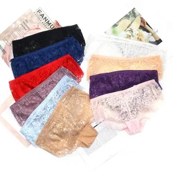 3PCS/Set Ultra Thin Panties for Women Sexy Lingerie Lace Underwear Mesh Plus Size Briefs Transparent Pants Low-Rise Panties L XL