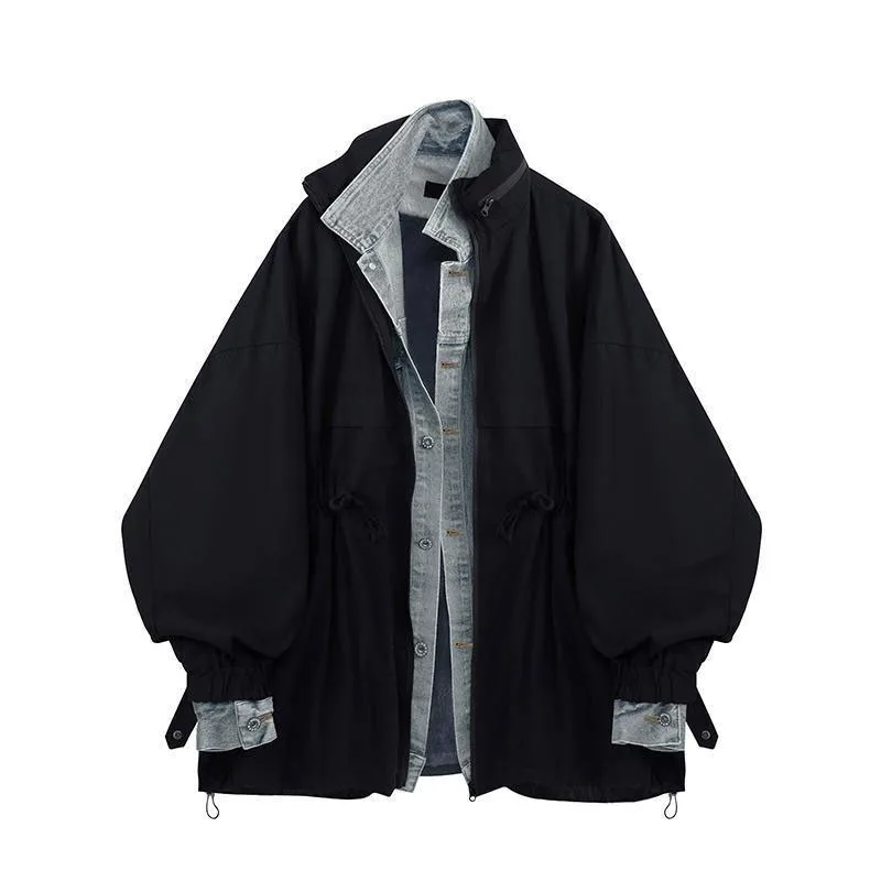 

Oversize Casual Denim Jaet for Men Loose Fit Hooded Fake Two-Piece Top Korean Sle Splicing Spring Season Long Sve Zipp...