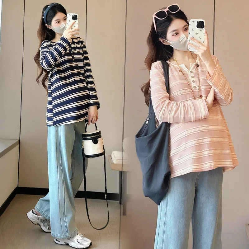 Maternity Clothes 2026 Spring Autumn Long Sleeve T-Shirt Korean Style Striped V Neck Loose Soft Versatile Slim Pregnancy Top