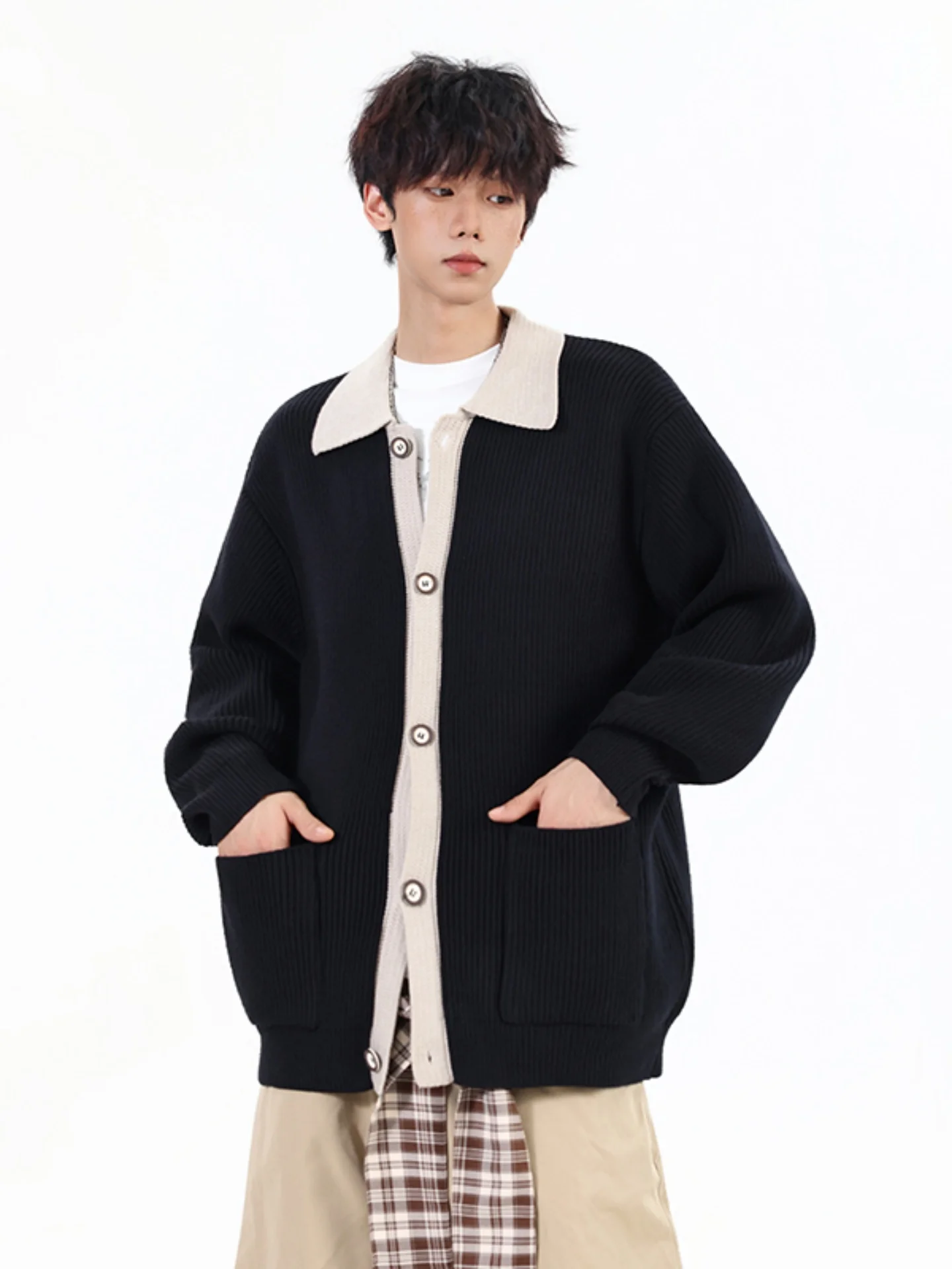 

Мужской вязаный кардиган-свитер с воротником, в стиле пэчворк, осенний, новый, свободный крой, на пуговицах, мягкий, современный, повседневный трикотаж