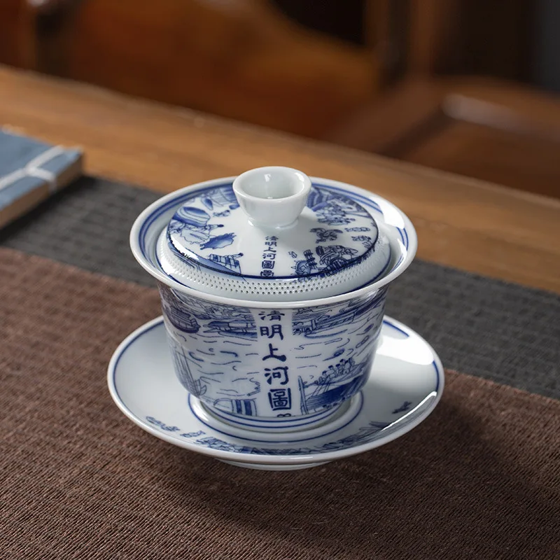 Gaiwan Tea Cup Qingming Shanghe Map Spinning Water out Anti-Scald Three Pieces Making Bowl Household Porcelain Kung Fu Set