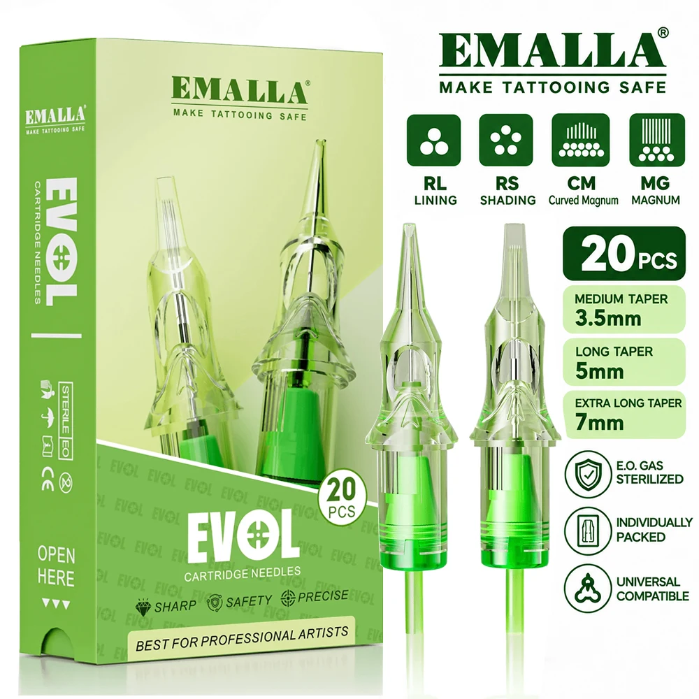20Pcs EMALLA Evol Tattoo Cartridge Needles RL RS CM MG Disposable Sterilize Tattoo Permanent Makeup Cartridge Machine Needle