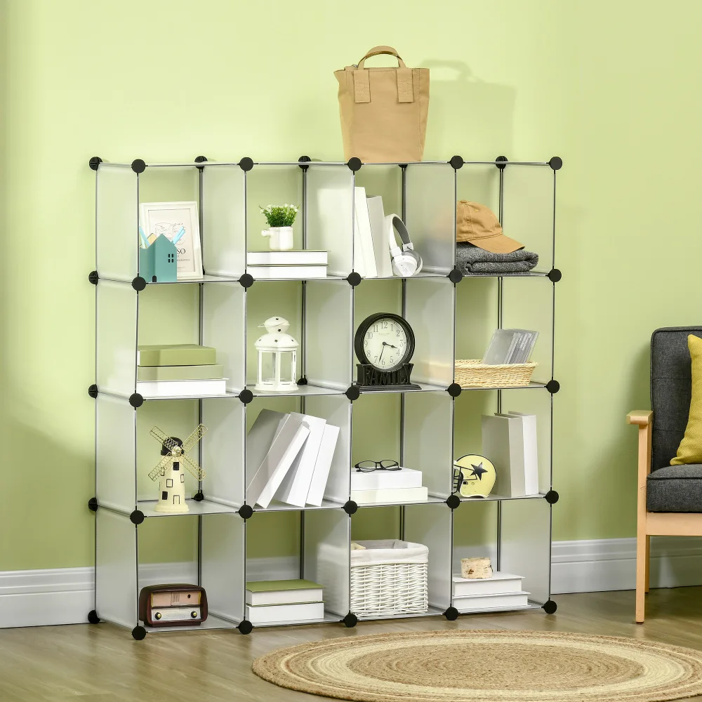 DIY Würfel-Aufbewahrungssystem - 16 Würfel Plastikschrank, Weiß, 125x32x125cm, Ideal für Kinderzimmer & Wohnzimmer