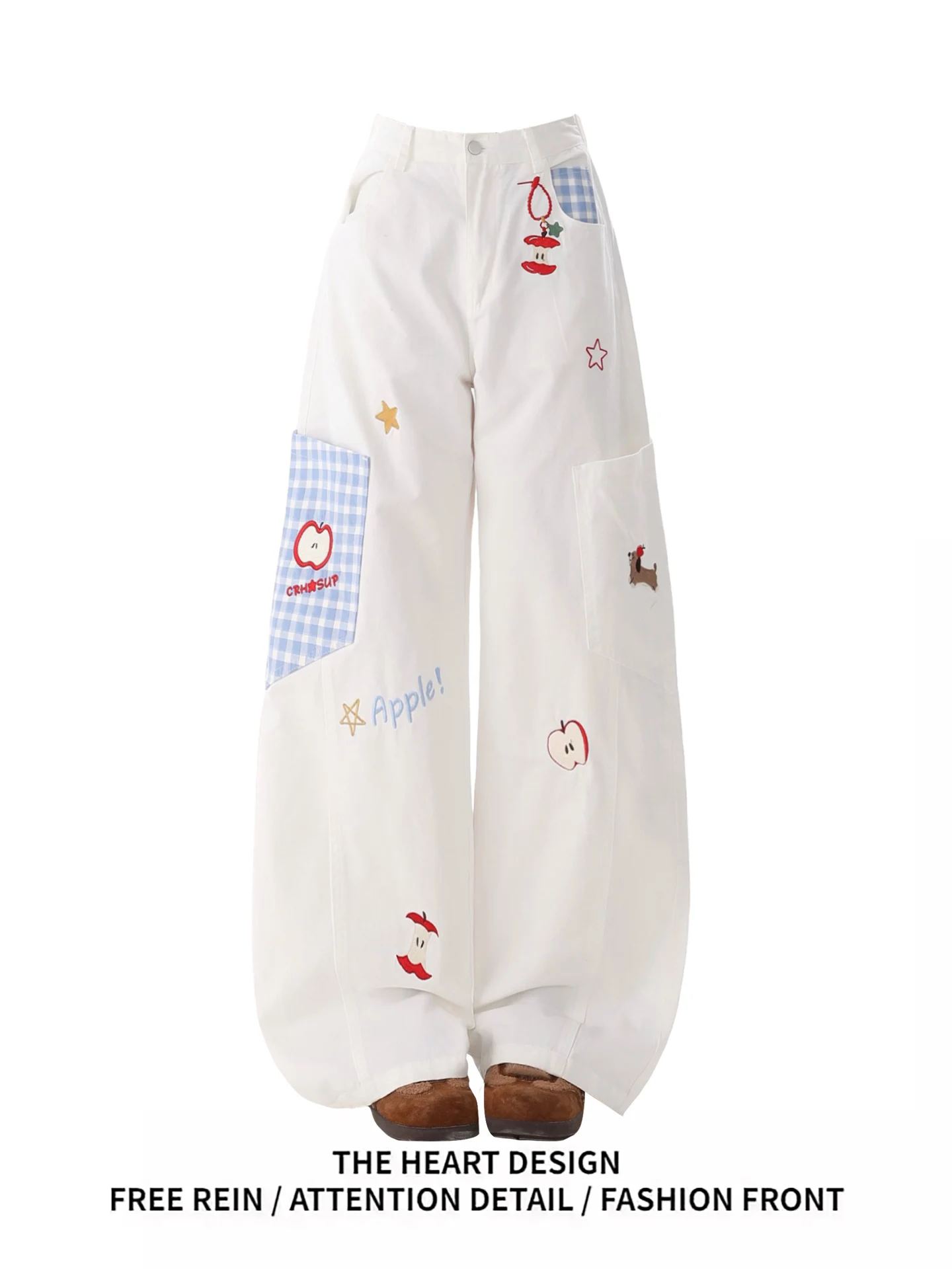 

American Sle Retro Embroidered White Jeans Women's Loose Wide Leg Pants Knife Design Casual High Waist Denim Pants