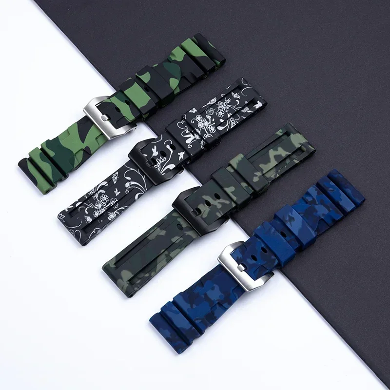 22mm 24mm 26mm Green Blue Red Camouflage Soft Rubber Watchband For Panerai Strap With Stainless Pin Tang Buckle Tools Bracelet