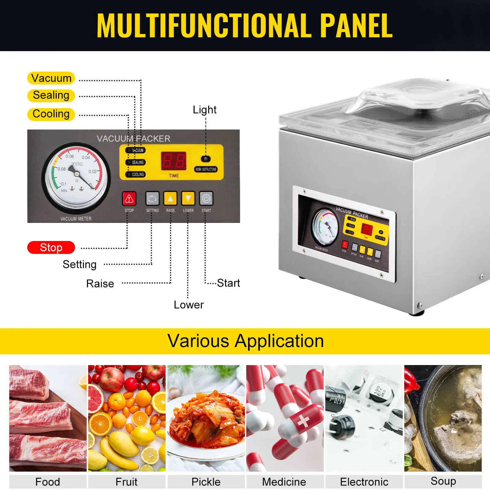 VEVOR DZ-260S Food Vacuum Packing Machine Commercial Chamber Vacuum Sealer Kitchen Meat Bag Packaging Food Saver Sealing Machine