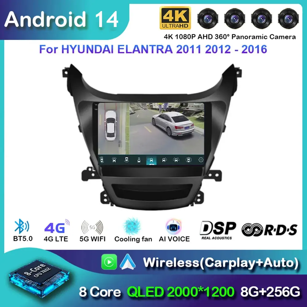 Android 14 For HYUNDAI ELANTRA 2011 2012 2013 2014 2015 2016 Multimedia Stereo Video Car Radio Player Navigation GPS 4G WIFI BT