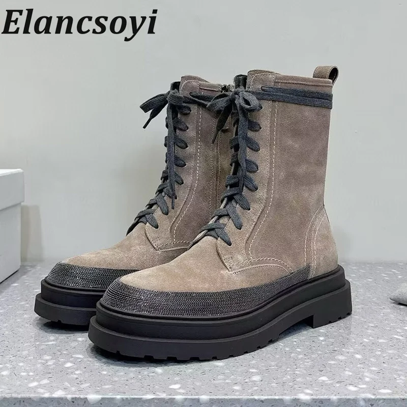 Spring Autumn Flat Heel Thick Bottom Metal Bead Decorative Short Boots Women Lace up Suede Ankle Bottas Fashion Modern Boots