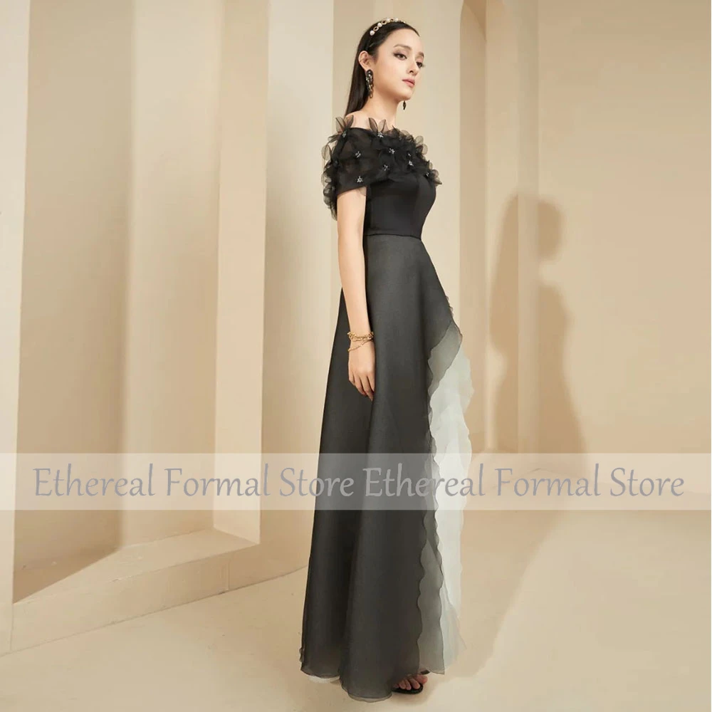 A Line Black Evening Dress Beading Off The Shoulder With Flowers Women's Evening Gown For Wedding  Sleeveless  Formal Dresses