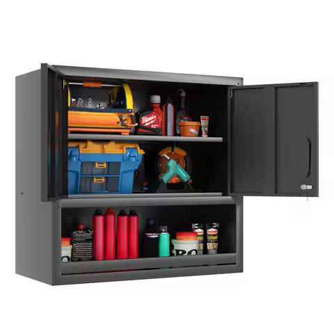 77cm high wall-mounted metal tool cabinet with lockable door, 1 adjustable shelf and 1 open drawer – ideal for garage, warehouse