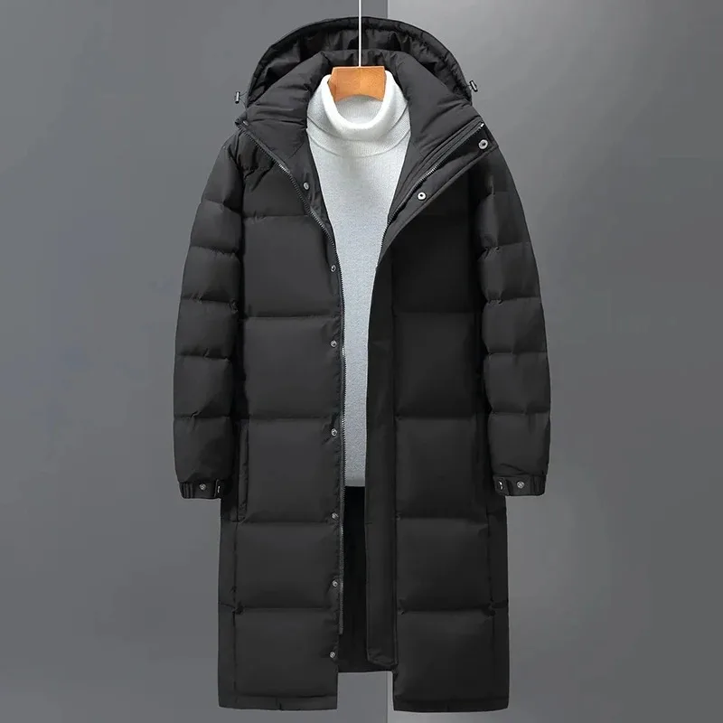 

Winter New Men's Down Jacket Long-Sleeved Zipper + Single-Breasted Hooded Thickened Warm Long Solid Color Leisure Coat