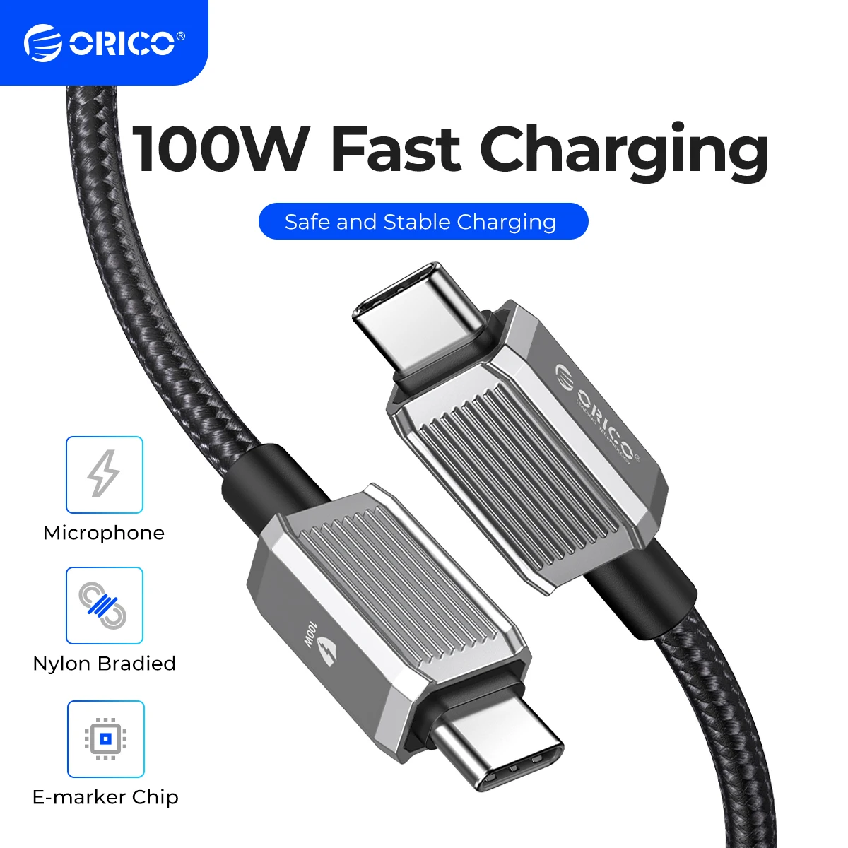 Orico-fast charging cable 100W PD USB type C, nylon braid, for MacBook Pro, iPad Pro, air, Samsung Galaxy, laptop, iPhone 15, 5A