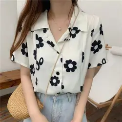 Women Summer Korean Fashion Loose Printing Polo-Neck Short Sleeve Appear Thin Shirts Women Clothes Casual All-match Floral Tops